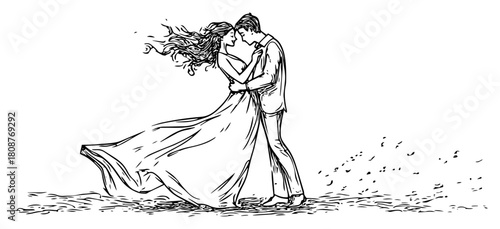 Romantic Couple Embracing In Wind Wedding Love Sketch Vector Illustration