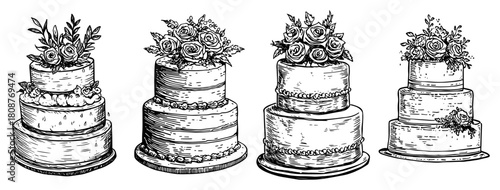 Hand drawn set of tiered wedding cakes decorated with roses and floral elements vector sketch illustration collection for bakery menu or invitation