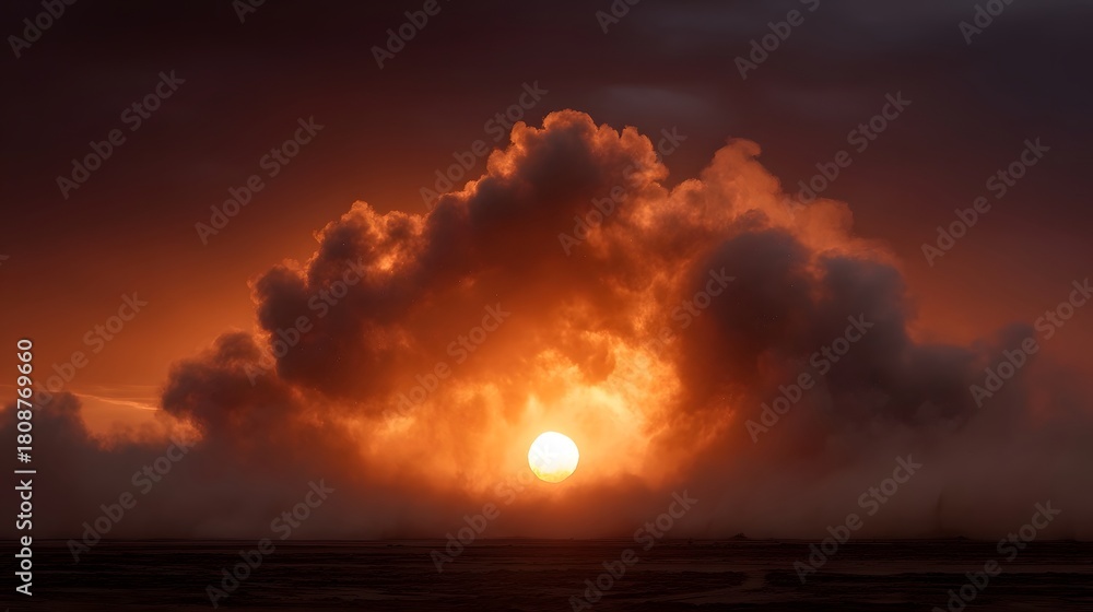 Fototapeta premium The sun emerges dramatically from behind a fiery cloud formation during a vivid sunset creating an atmospheric haze