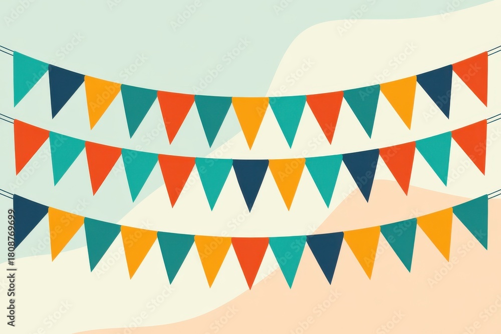 Obraz premium Garlands of bright colorful flags arranged on white pattern background