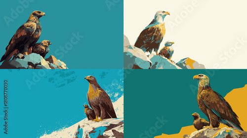 Stylized illustrations of eagles perched on rocky cliffs with bold colors and strong silhouettes. Majestic bird artwork perfect for nature themes posters wildlife designs and outdoor projects.