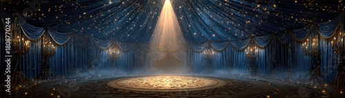 Inside circus tent with circle seats and spotlight concept. A mystical stage with elaborate curtains and soft lighting.