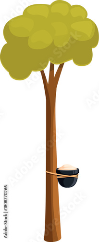 Latex collecting in a bowl attached to a rubber tree in a sustainable plantation