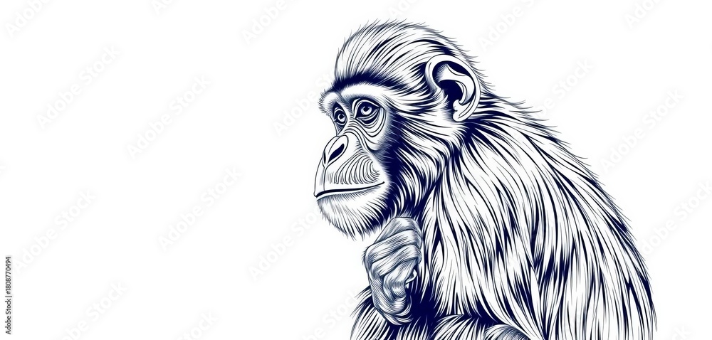 Obraz premium Elegant line art drawing of a monkey, showcasing intricate details and playful pose, contemporary, animal