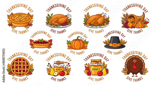 Thanksgivingthemed illustrations featuring turkeys, pumpkins, pies, and autumn leaves with festive messages