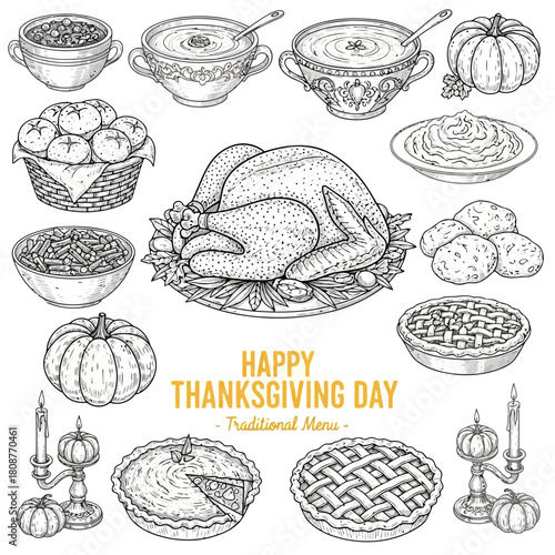 Thanksgiving day traditional menu with turkey, pumpkin, pies, and other festive dishes illustrated in black and white