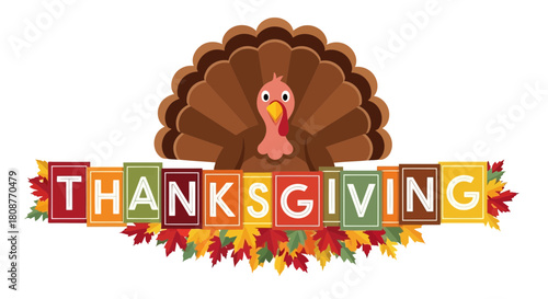 Happy thanksgiving holiday with a turkey and colorful autumn leaves, celebrating gratitude and family time