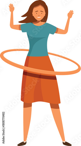 Young woman is rotating hula hoop around her waist, exercising and having fun