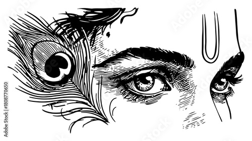 Close up detailed sketch of Lord Krishna eye with peacock feather and tilak on forehead hindu deity portrait vector illustration