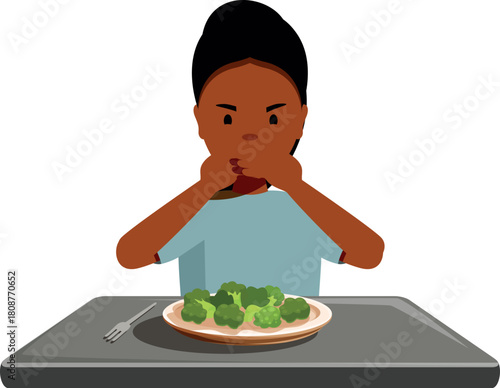 Little girl refusing to eat broccoli, covering her mouth with hands, expressing disgust and dislike for healthy food