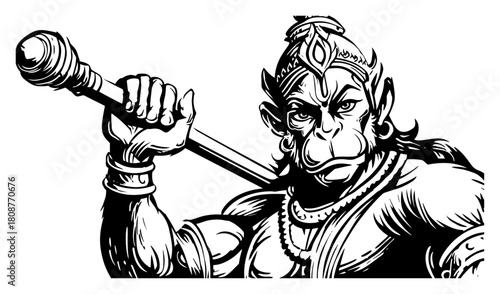 Powerful sketch of Lord Hanuman holding mace weapon hindu monkey god warrior mythological character vector illustration