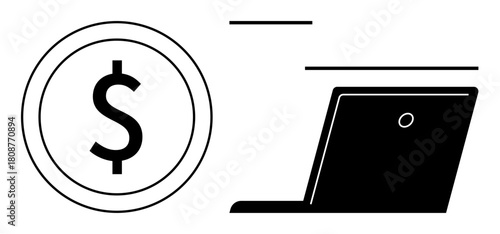 Dollar sign inside a circle next to a laptop, representing digital banking, e-commerce, online payment, financial technology, currency exchange, remote work, and economic management. A simple flat