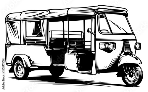 Indian tuk tuk auto rickshaw side view hand drawn vintage vector illustration
