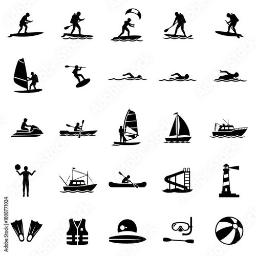 Unti“Water Sports and Beach Activities Icons Set – Surfing, Swimming, Sailing & Marine Adventure Vector Pack”tled