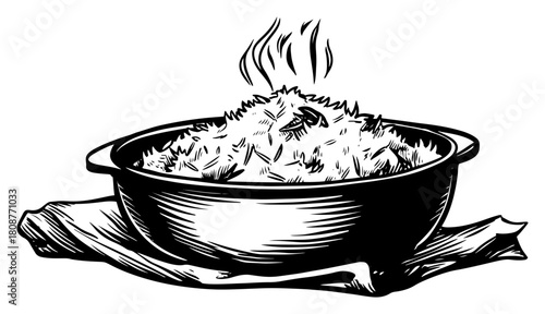 Steaming bowl of rice hand drawn asian food vintage sketch vector illustration
