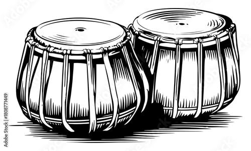 Hand drawn sketch of traditional tabla drums or percussion musical instrument illustration