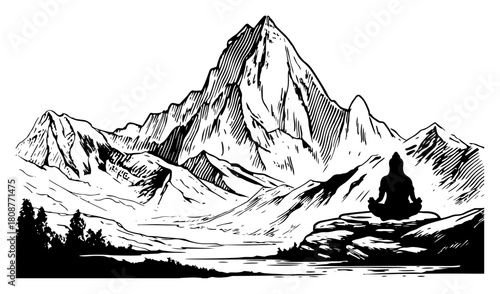 Hand drawn mountain landscape sketch with silhouette of person meditating in yoga lotus pose