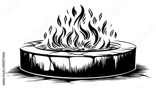 Circular stone fire pit with burning flames hand drawn vintage vector illustration