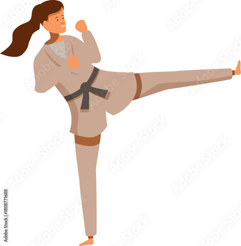 Karate practitioner kicking high, demonstrating her martial arts skills during training