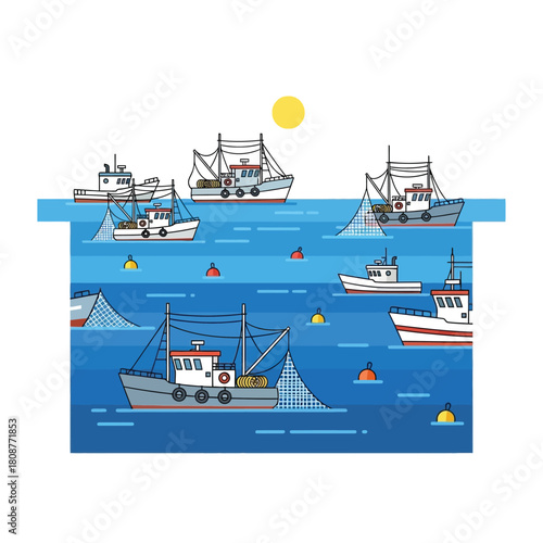A stylized illustration of various fishing boats on the ocean, with nets deployed.