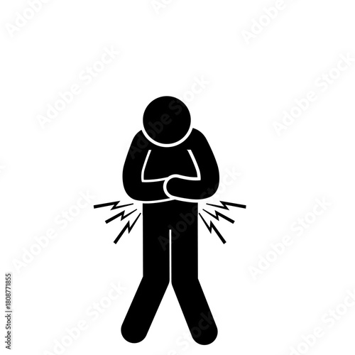 Stick figure bending with painful stomach ache symptoms.