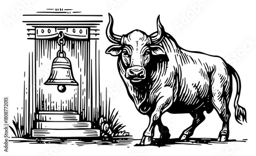 Sacred bull standing in front of temple entrance with hanging bell hindu religious symbols vector sketch illustration