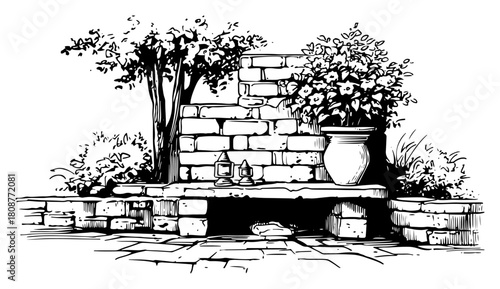 Hand drawn garden landscape sketch with stone bench potted flowers and lantern in vintage engraving style