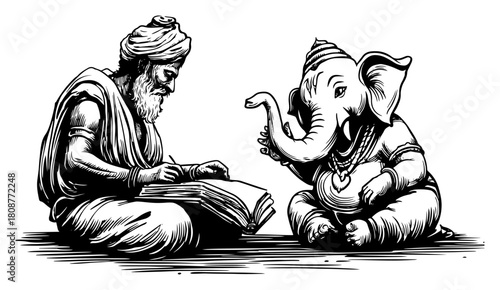 hindu sage writing with ganesha elephant god learning sacred knowledge hand drawn sketch vector illustration