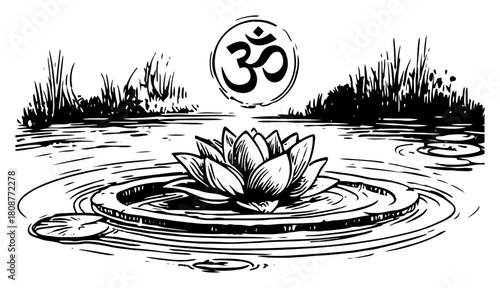 lotus flower on water with om symbol spiritual meditation zen hand drawn sketch vector illustration