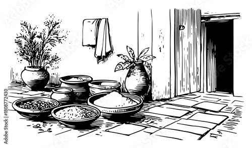 Traditional rural courtyard scene with clay pots bowls of grain and plants authentic village lifestyle vector sketch