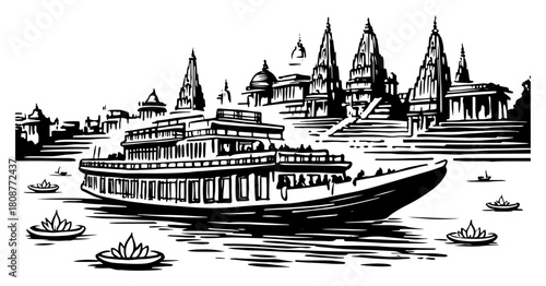 Hand drawn sketch of tourist boat on Ganges river with temples and floating lotus flowers in Varanasi India