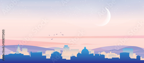 Panoramic poster of the city skyline with misty background buildings, hills sunrise, sunset and clouds of PRAGUE, CZECH REPUBLIC