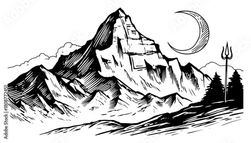 Hand drawn sketch of Mount Kailash with Shiva Trishul trident and crescent moon in Himalayas spiritual landscape