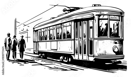 Vintage city tram with passengers and pedestrians retro streetcar vector illustration