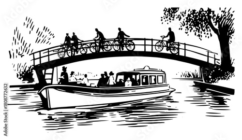 Amsterdam city canal scene with tour boat and cyclists riding on bridge vector illustration sketch