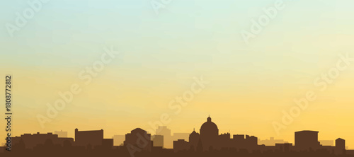 Panoramic poster of the city skyline with misty background buildings, hills sunrise, sunset and clouds of PRAGUE, CZECH REPUBLIC