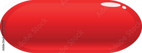Shiny red oval button with highlighted light reflections hovering on a white background