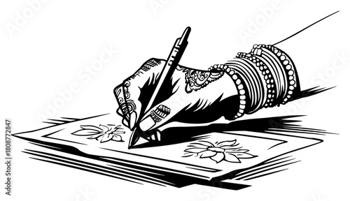 Hand Drawing Henna Mehndi Design Close Up Sketch Vector Illustration