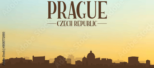 Panoramic poster of the city skyline with misty background buildings, hills sunrise, sunset and clouds of PRAGUE, CZECH REPUBLIC