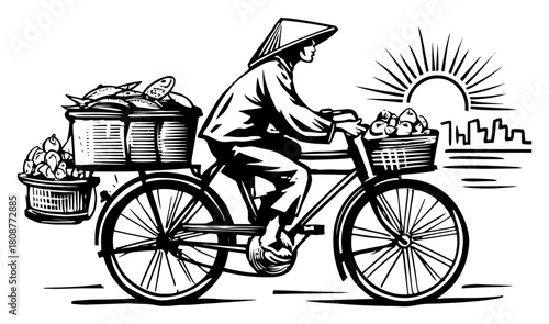 vietnamese street vendor on bicycle with baskets of fruits and vegetables hand drawn sketch vector illustration