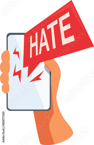 Hand holding a smartphone with a hate speech bubble, symbolizing online hate and cyberbullying