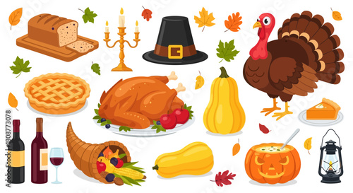 Illustration of thanksgiving food including turkey, pumpkin pie, corn, wine, and autumn decorations