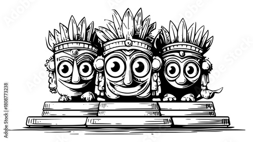 Hand drawn illustration of Lord Jagannath Balabhadra and Subhadra idols from Puri temple in Odisha India