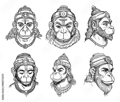 Lord Hanuman head collection set featuring Hindu monkey god portraits with ornate crowns in vintage hand drawn sketch style