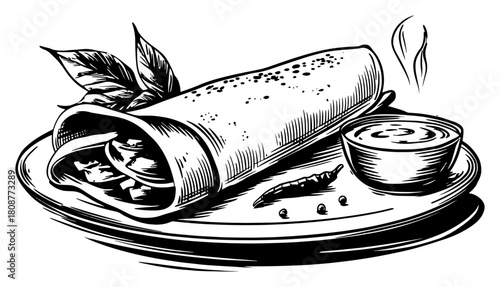 Hand drawn sketch of traditional South Indian masala dosa served with chutney and chili on a plate in engraving style