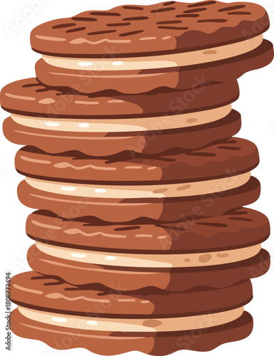 Stack of chocolate sandwich cookies on a plain white background, with cream filling and a classic design.