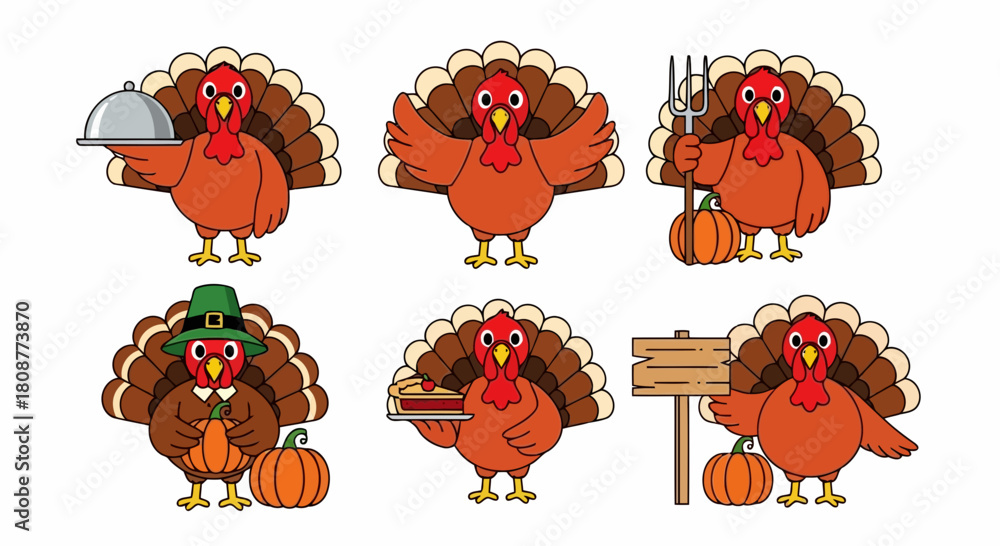Obraz premium Cartoon turkeys in various festive activities, including cooking, farming, and celebrating, illustrated in a playful style