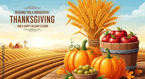 Thanksgiving celebration with pumpkins, corn, and fruits in a festive autumn harvest scene