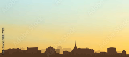 Panoramic poster of the city skyline with misty background buildings, hills sunrise, sunset and clouds of BRNO, CZECH REPUBLIC
