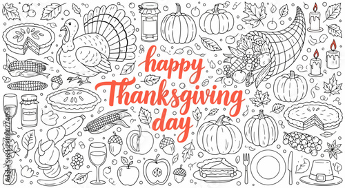 Happy thanksgiving day illustration with various food items and festive elements